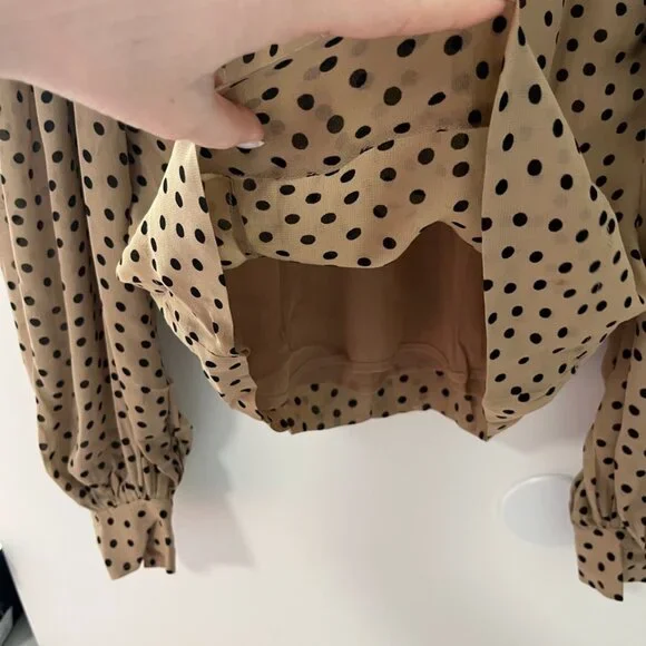 Ganni Brown & Black Polka Dot High Neck Long Sleeve Blouse Size 34 - Picture 3 of 8